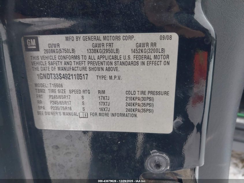 2009 Chevrolet Trailblazer Lt VIN: 1GNDT33S492110517 Lot: 43879626