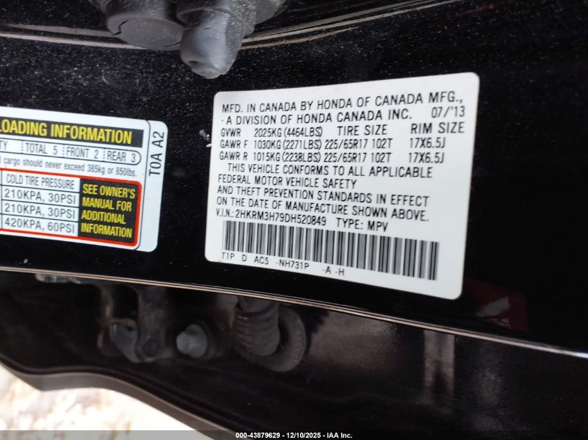 2013 Honda Cr-V Ex-L VIN: 2HKRM3H79DH520849 Lot: 43879629