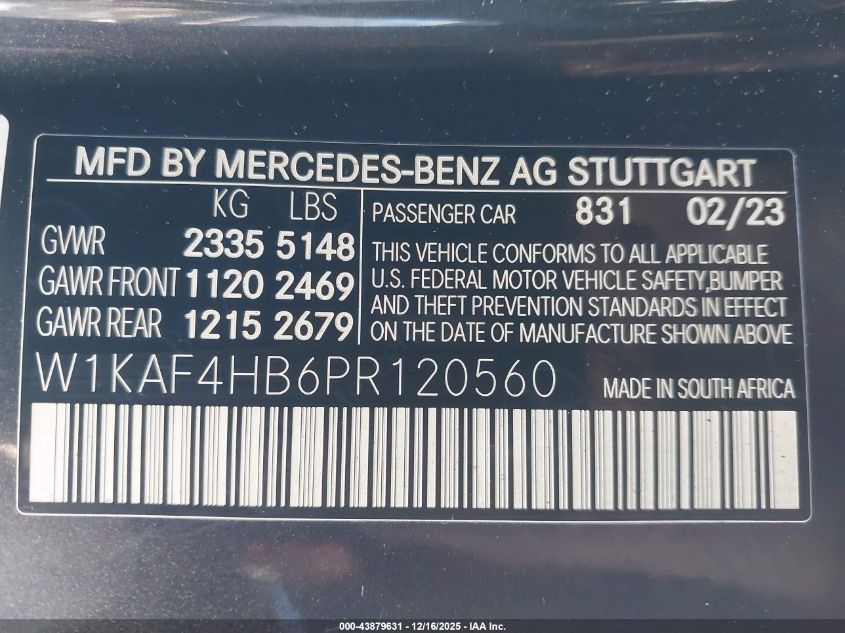 2023 Mercedes-Benz C 300 4Matic VIN: W1KAF4HB6PR120560 Lot: 43879631