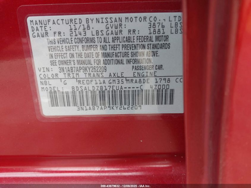 2019 Nissan Sentra Sv VIN: 3N1AB7AP9KY262209 Lot: 43879632