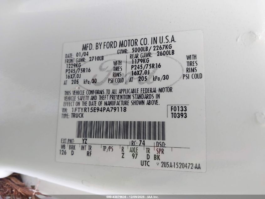 2004 Ford Ranger Xlt VIN: 1FTYR15E94PA79118 Lot: 43879636