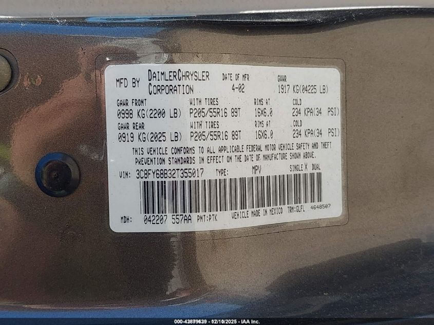 2002 Chrysler Pt Cruiser Limited VIN: 3C8FY68B32T355017 Lot: 43879639