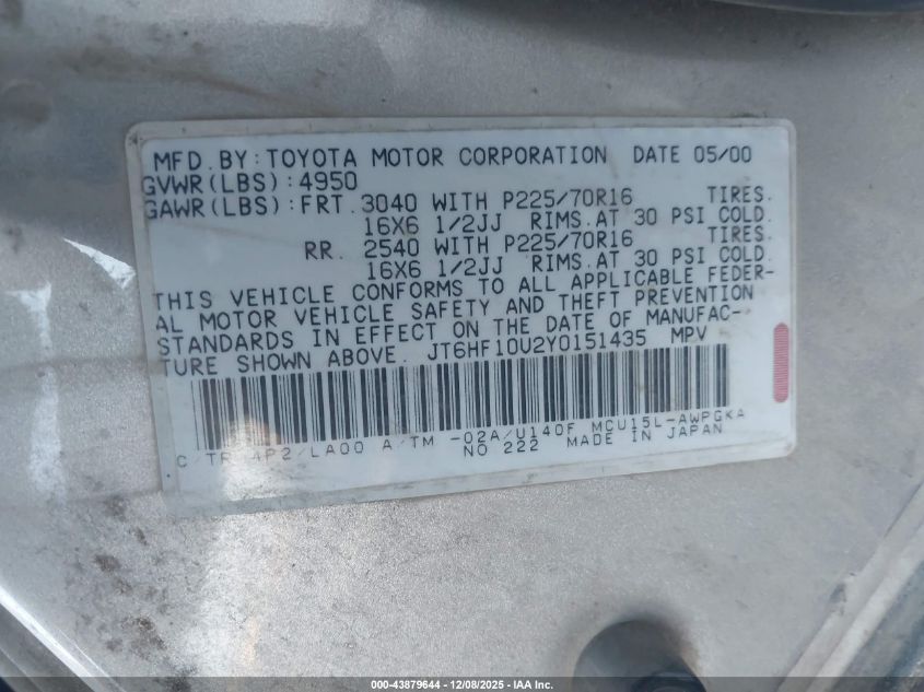 2000 Lexus Rx 300 VIN: JT6HF10U2Y0151435 Lot: 43879644