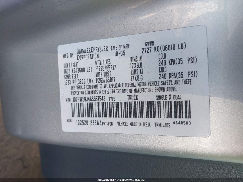 2006 Dodge Dakota Laramie VIN: 1D7HW58J46S557542 Lot: 43879647