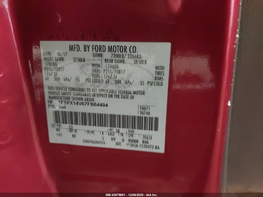 2007 Ford F-150 Fx4/Lariat/Xl/Xlt VIN: 1FTPX14V67FB64494 Lot: 43879651