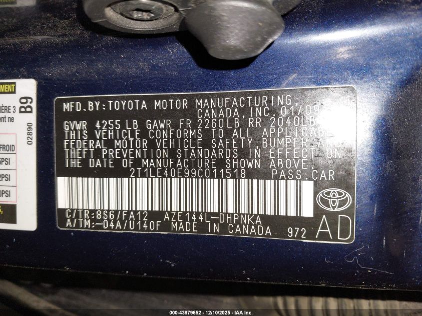 2009 Toyota Matrix S VIN: 2T1LE40E99C011518 Lot: 43879652