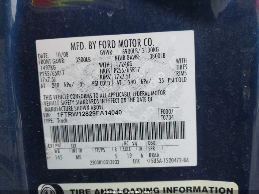 2009 Ford F-150 Xl/Xlt VIN: 1FTRW12829FA14040 Lot: 43879658