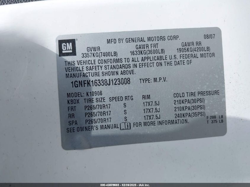 2008 Chevrolet Suburban 1500 Lt VIN: 1GNFK16338J123008 Lot: 43879663