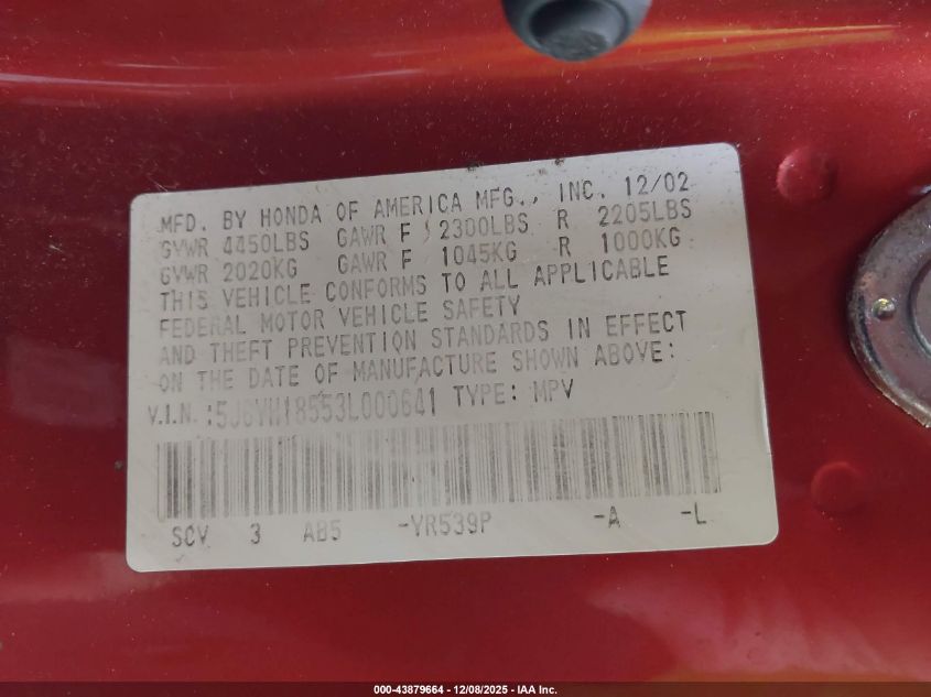 2003 Honda Element Ex VIN: 5J6YH18553L000641 Lot: 43879664