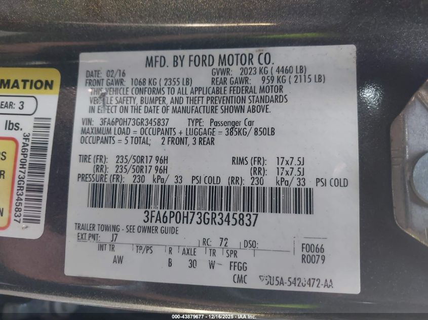 2016 Ford Fusion Se VIN: 3FA6P0H73GR345837 Lot: 43879677