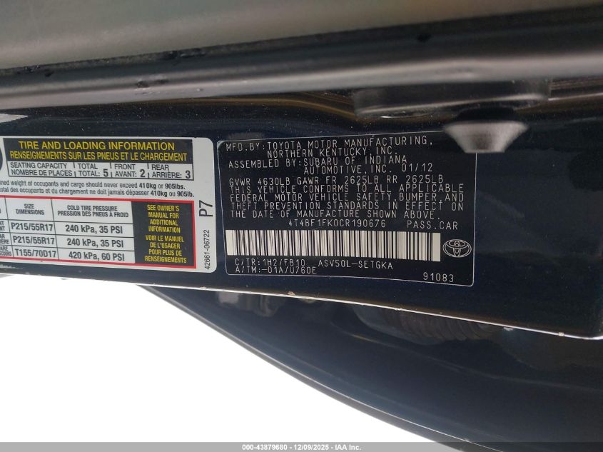 2012 Toyota Camry Xle VIN: 4T4BF1FK0CR190676 Lot: 43879680