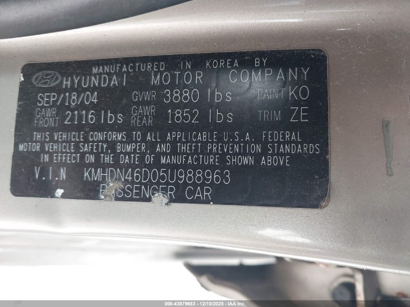 2005 Hyundai Elantra Gls/Gt VIN: KMHDN46D05U988963 Lot: 43879683