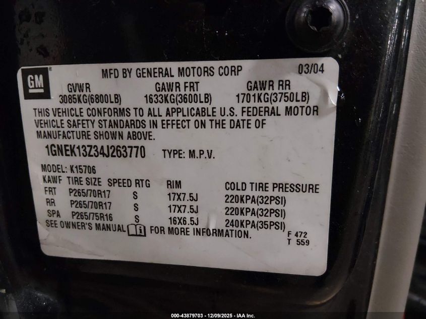 2004 Chevrolet Tahoe Ls VIN: 1GNEK13Z34J263770 Lot: 43879703