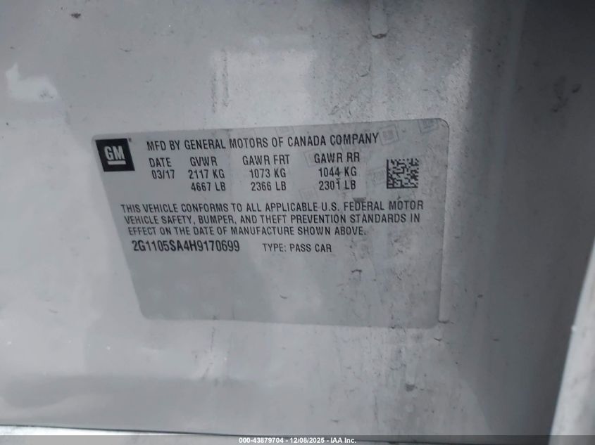 2017 Chevrolet Impala 1Lt VIN: 2G1105SA4H9170699 Lot: 43879704
