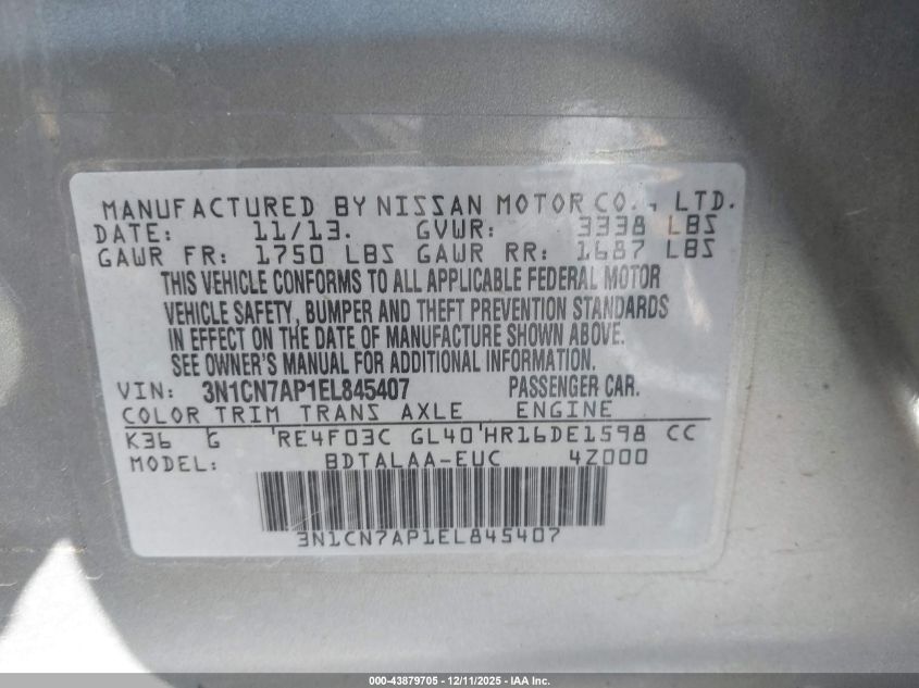 2014 Nissan Versa 1.6 S VIN: 3N1CN7AP1EL845407 Lot: 43879705