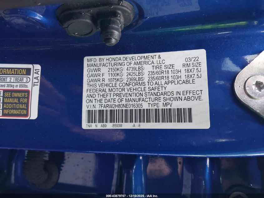 2022 Honda Cr-V Awd Ex-L VIN: 7FARW2H80NE016305 Lot: 43879707