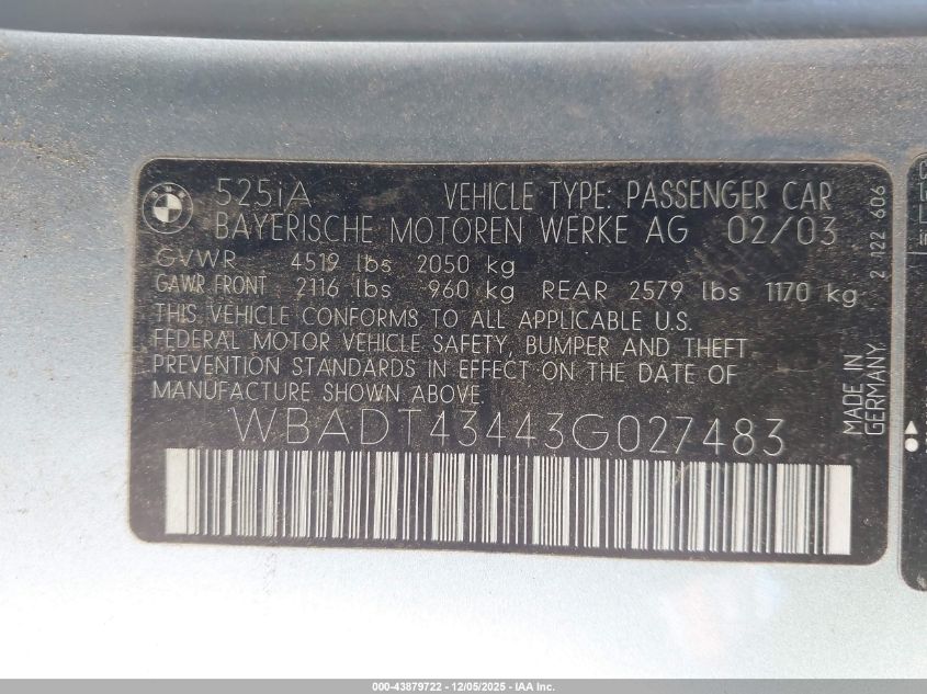 2003 BMW 525Ia VIN: WBADT43443G027483 Lot: 43879722