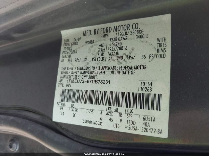 2007 Ford Explorer Xlt VIN: 1FMEU73E67UB78231 Lot: 43879730