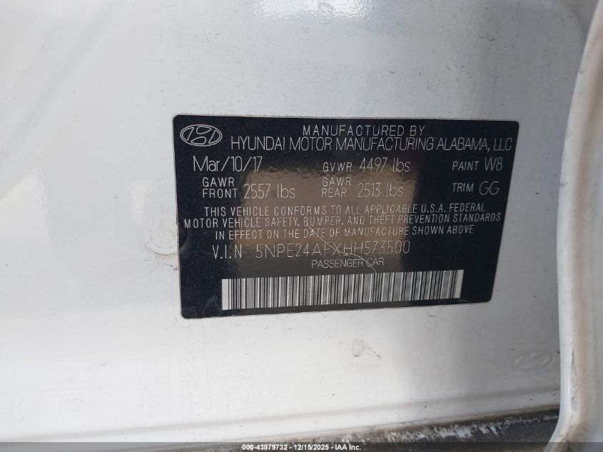 2017 Hyundai Sonata VIN: 5NPE24AFXHH573500 Lot: 43879732