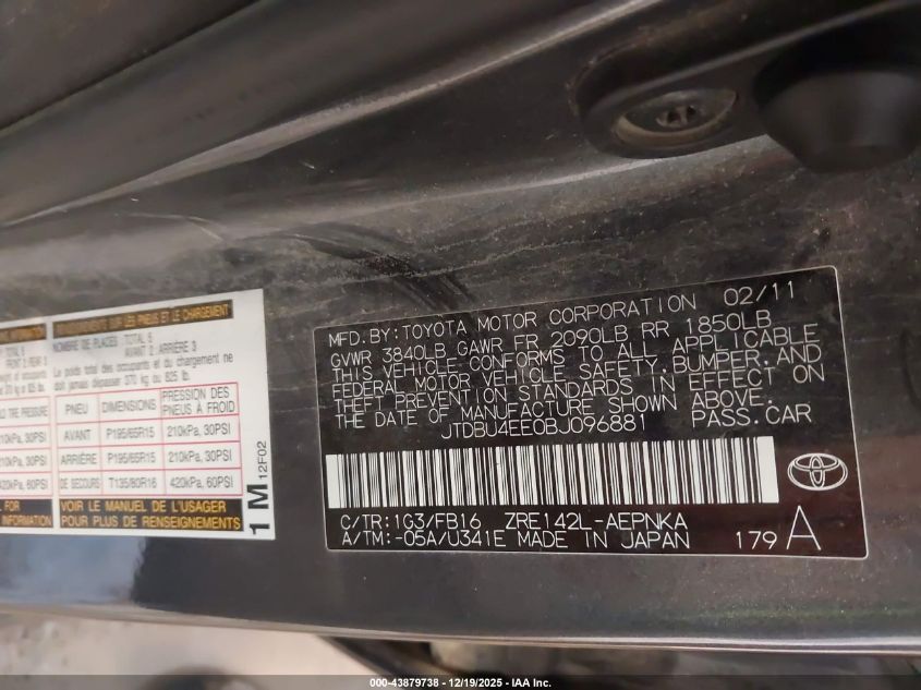 2011 Toyota Corolla Le VIN: JTDBU4EE0BJ096881 Lot: 43879738