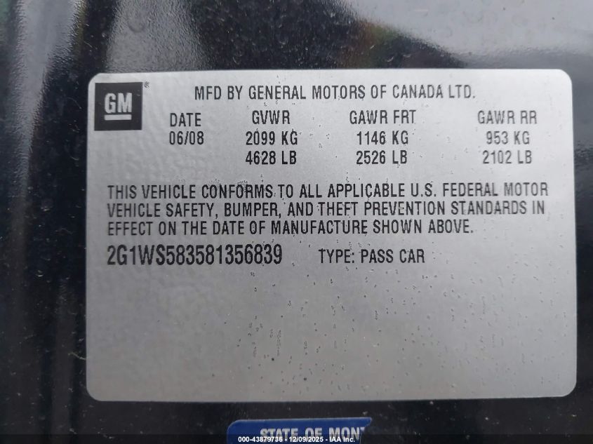 2008 Chevrolet Impala Police VIN: 2G1WS583581356839 Lot: 43879736