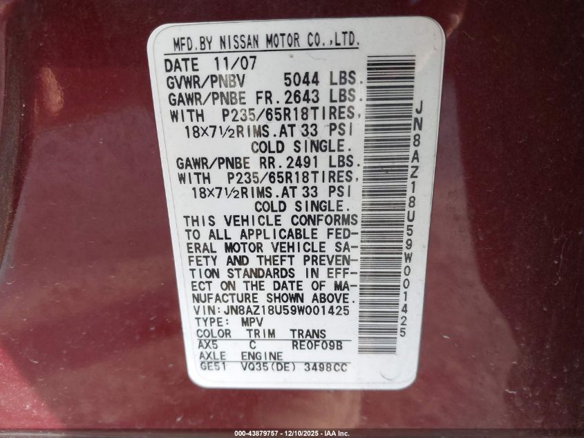 2009 Nissan Murano Sl VIN: JN8AZ18U59W001425 Lot: 43879757