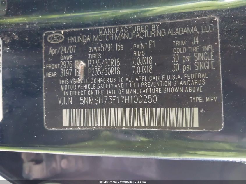 2007 Hyundai Santa Fe Limited/Se VIN: 5NMSH73E17H100250 Lot: 43879762