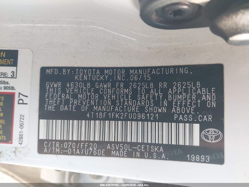 2015 Toyota Camry Se VIN: 4T1BF1FK2FU096121 Lot: 43879763