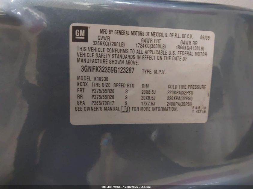 2009 Chevrolet Avalanche 1500 Ltz VIN: 3GNFK32359G123287 Lot: 43879766