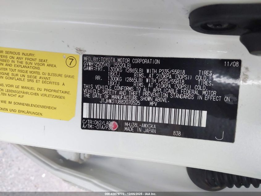 2008 Lexus Rx 400H VIN: JTJHW31U882070525 Lot: 43879773