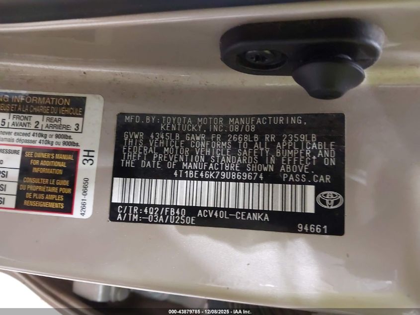 2009 Toyota Camry Le VIN: 4T1BE46K79U869674 Lot: 43879785