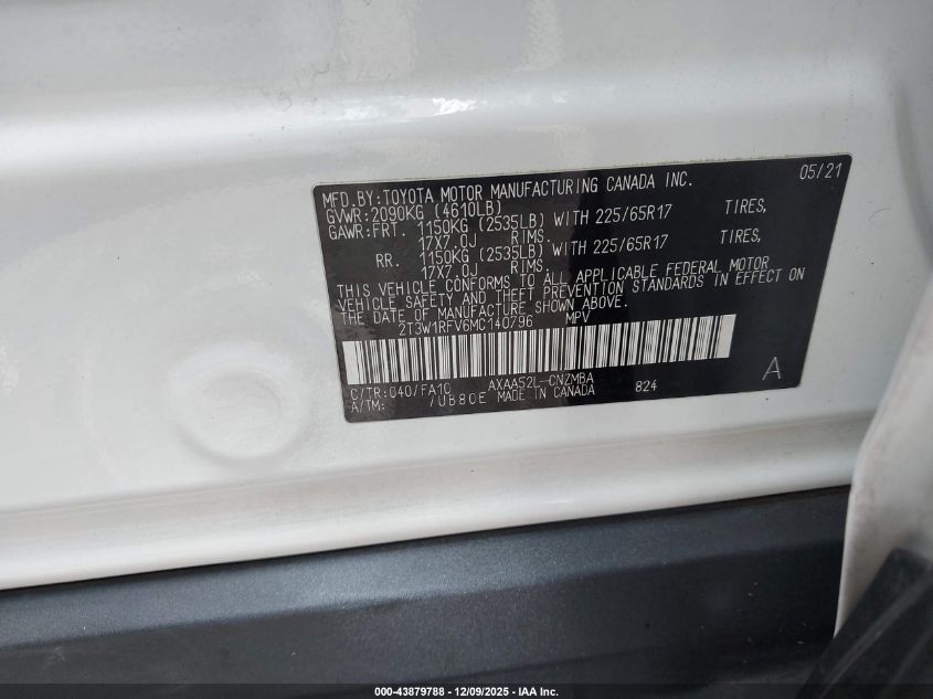 2021 Toyota Rav4 Xle/Xle Premium VIN: 2T3W1RFV6MC140796 Lot: 43879788