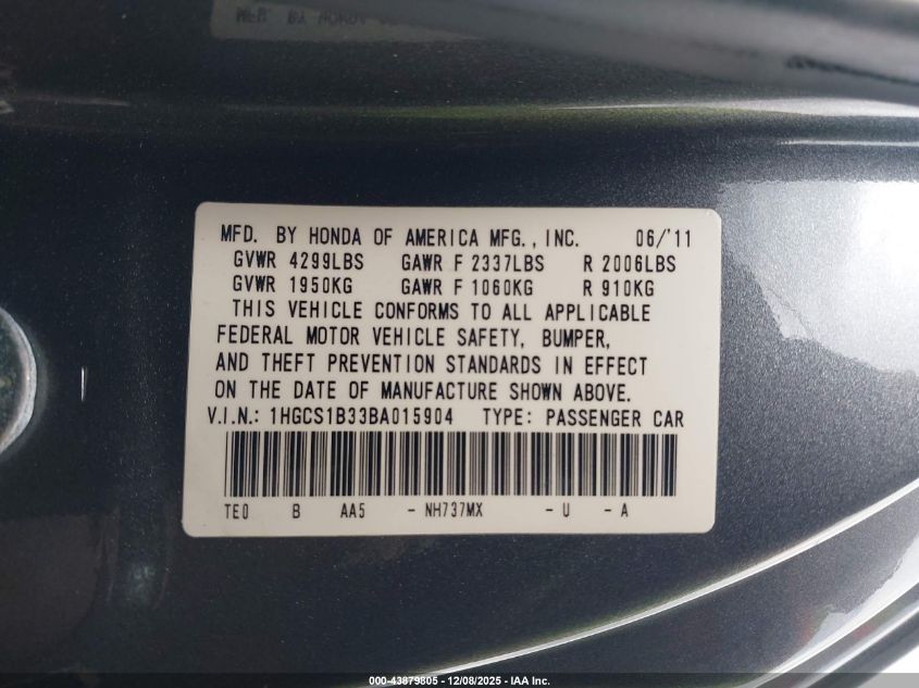 2011 Honda Accord 2.4 Lx-S VIN: 1HGCS1B33BA015904 Lot: 43879805