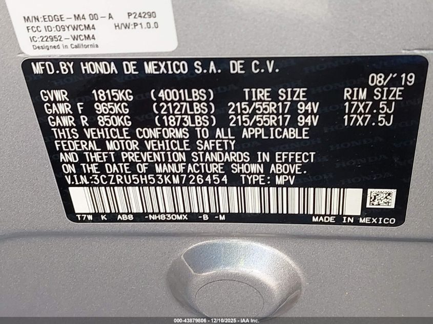 2019 Honda Hr-V Ex VIN: 3CZRU5H53KM726454 Lot: 43879806