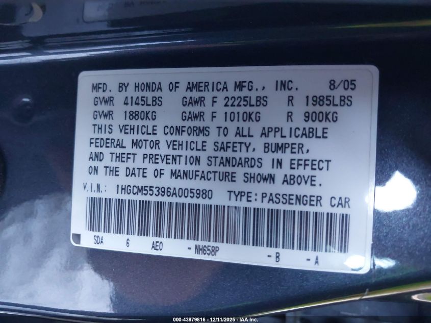 2006 Honda Accord 2.4 Se VIN: 1HGCM55396A005980 Lot: 43879816
