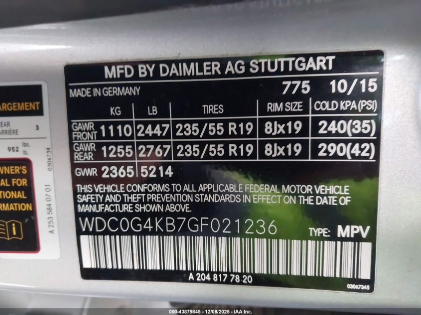 2016 Mercedes-Benz Glc 300 4Matic VIN: WDC0G4KB7GF021236 Lot: 43879845