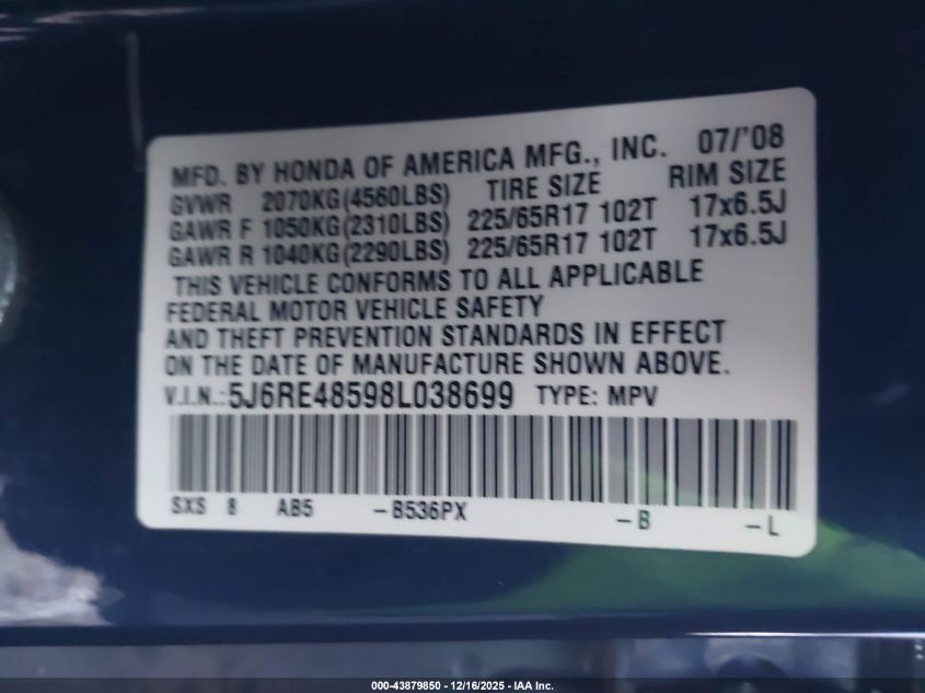 2008 Honda Cr-V Ex VIN: 5J6RE48598L038699 Lot: 43879850