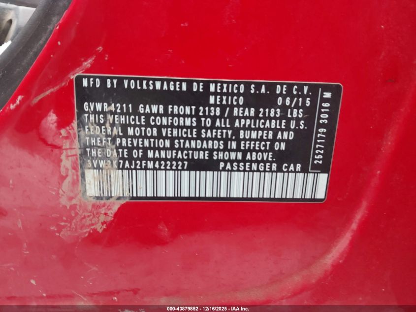 2015 Volkswagen Jetta 2.0L S VIN: 3VW2K7AJ2FM422227 Lot: 43879852