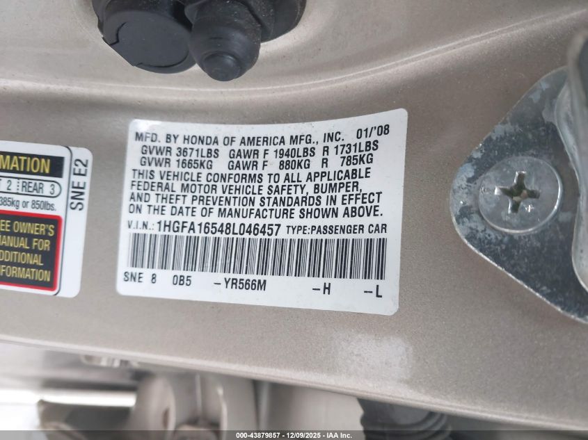 2008 Honda Civic Lx VIN: 1HGFA16548L046457 Lot: 43879857