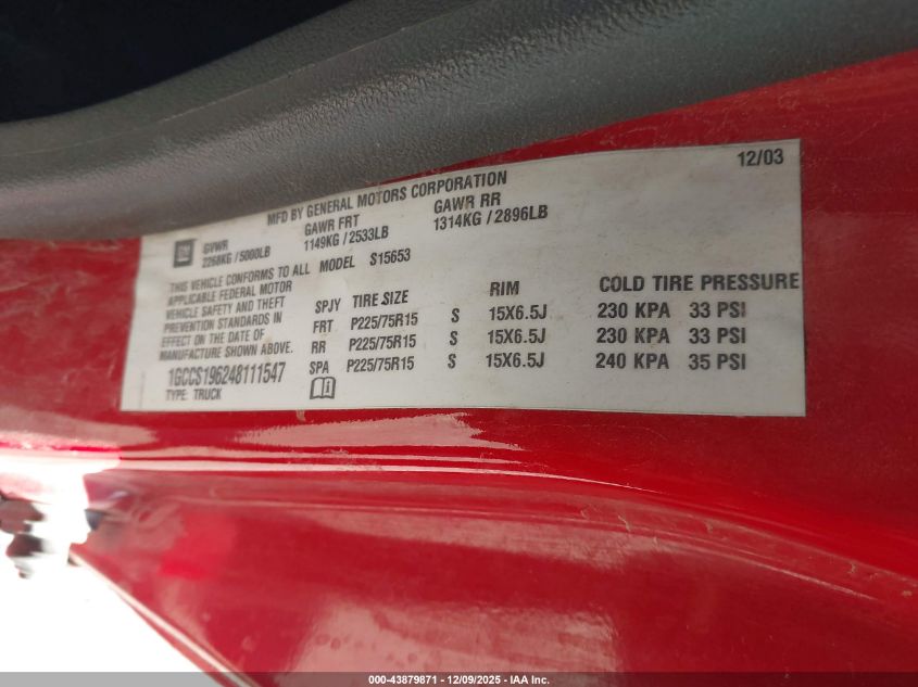 2004 Chevrolet Colorado Ls VIN: 1GCCS196248111547 Lot: 43879871