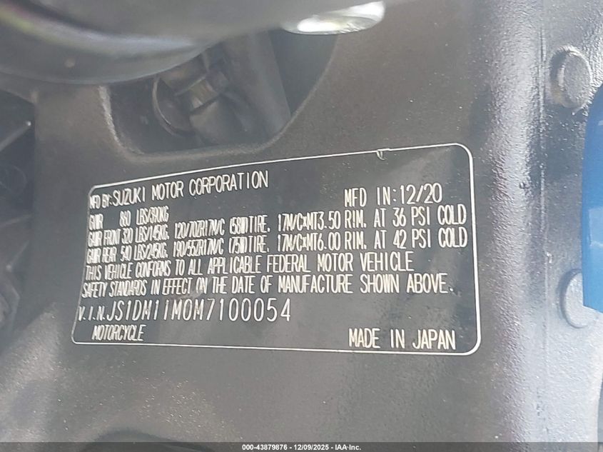 2021 Suzuki Gsx-R1000 R/100Th Anniversary VIN: JS1DM11M0M7100054 Lot: 43879876