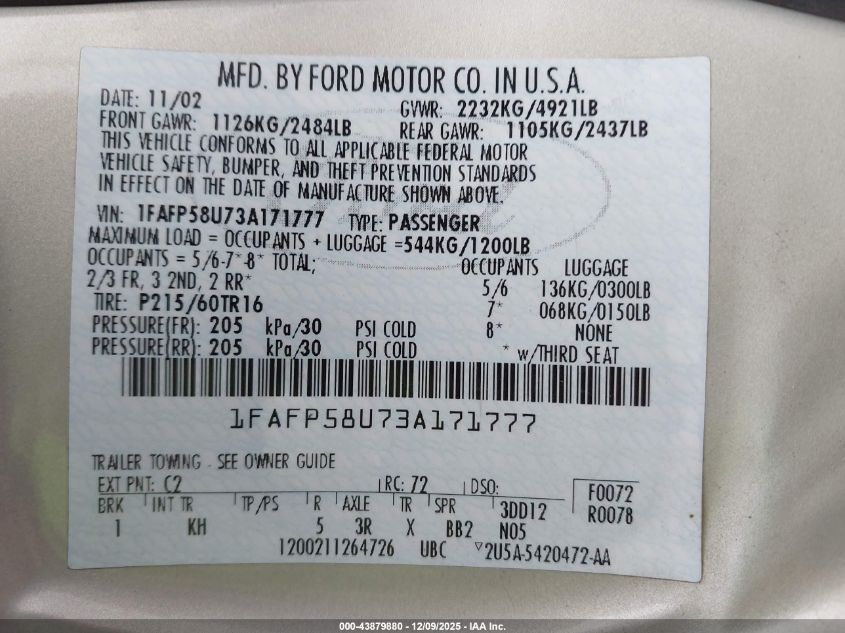 2003 Ford Taurus Se VIN: 1FAFP58U73A171777 Lot: 43879880