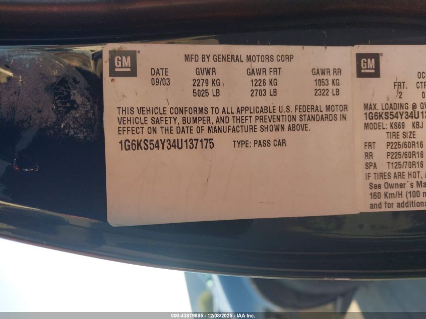 2004 Cadillac Seville Sls VIN: 1G6KS54Y34U137175 Lot: 43879885