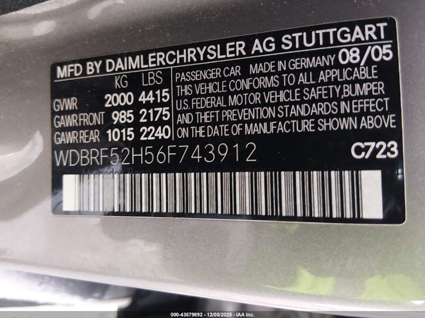 2006 Mercedes-Benz C 230 Sport VIN: WDBRF52H56F743912 Lot: 43879892