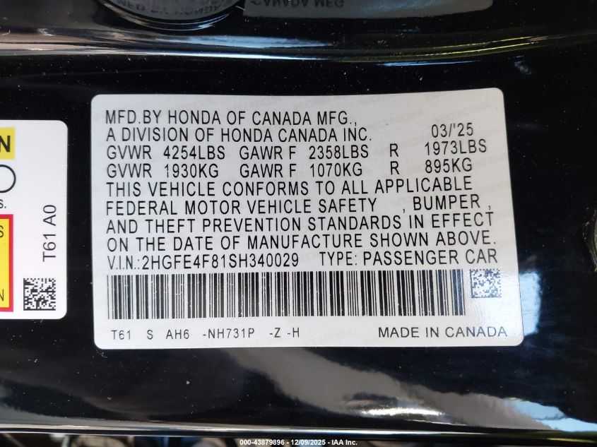 2025 Honda Civic Hybrid Sport/Sport Touring VIN: 2HGFE4F81SH340029 Lot: 43879896