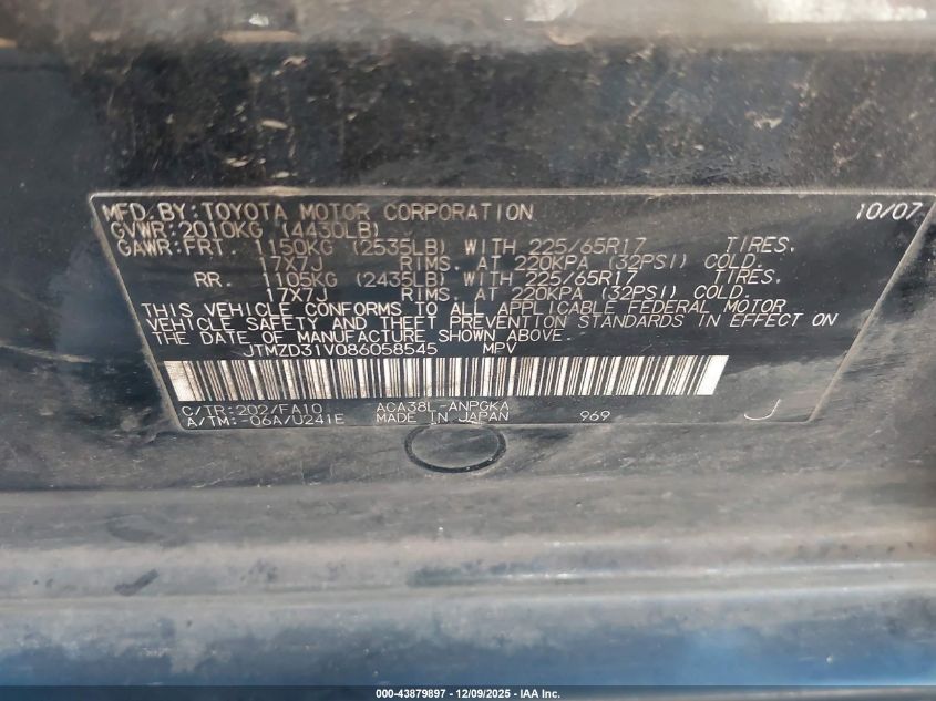 2008 Toyota Rav4 Limited VIN: JTMZD31V086058545 Lot: 43879897