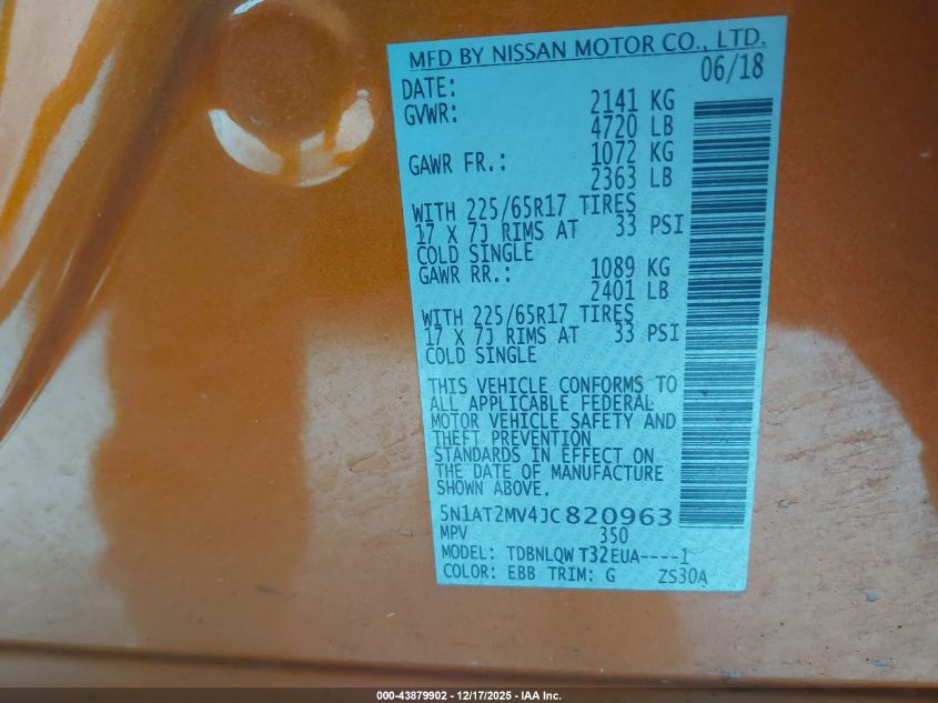 2018 Nissan Rogue Sv VIN: 5N1AT2MV4JC820963 Lot: 43879902