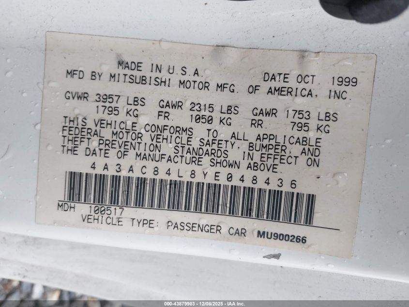2000 Mitsubishi Eclipse Gt VIN: 4A3AC84L8YE048436 Lot: 43879903