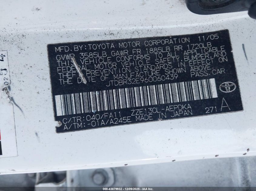 2006 Toyota Corolla Ce VIN: JTDBR32E960060439 Lot: 43879932