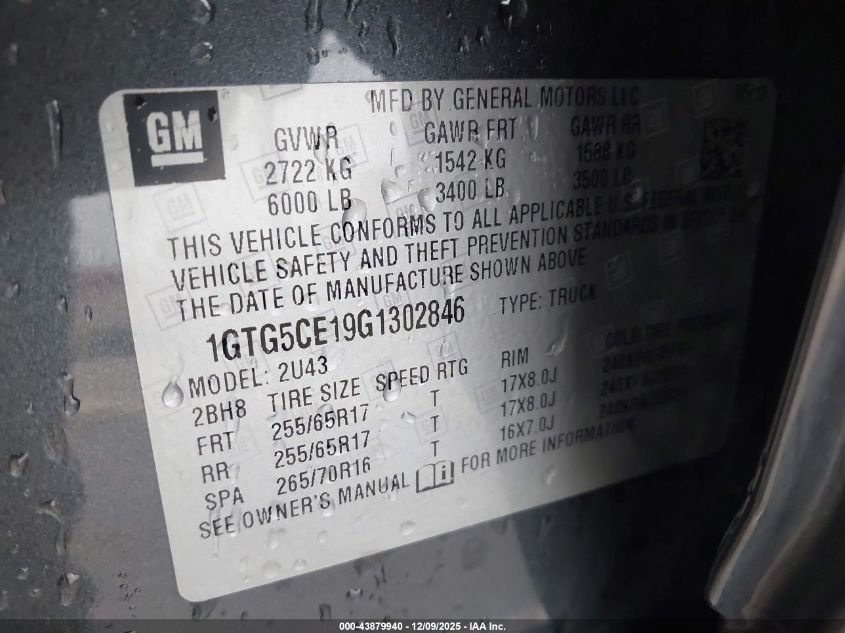 2016 GMC Canyon Sle VIN: 1GTG5CE19G1302846 Lot: 43879940